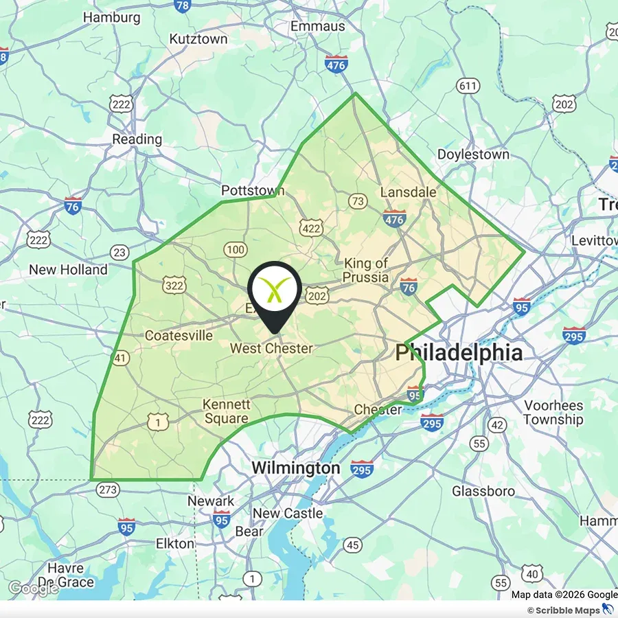 WeedX Fertilizing Service Area Map West Chester, PA