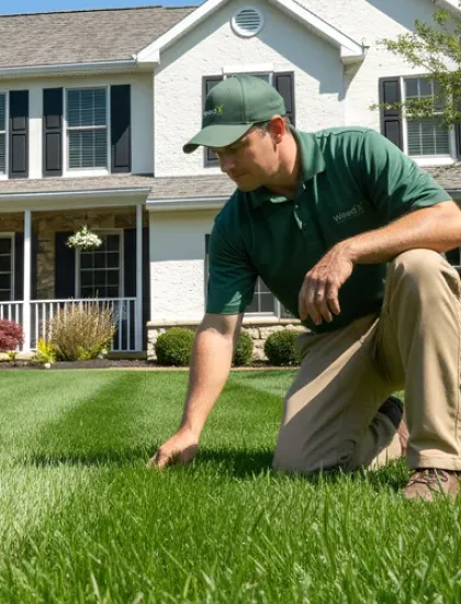 Technician inspecting grass